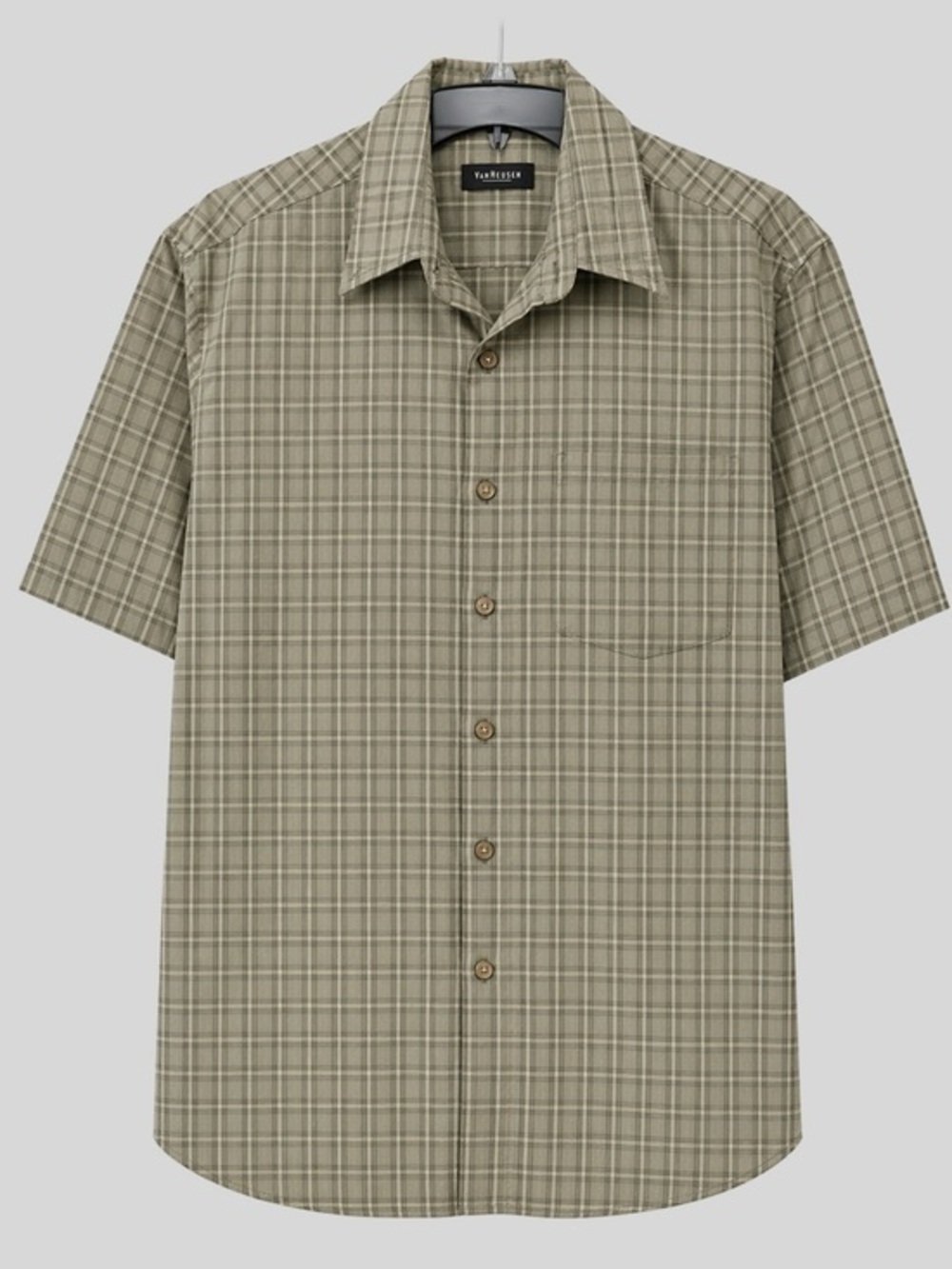 Van Heusen Olive Green Plaid Short-Sleeve Button-Down Shirt